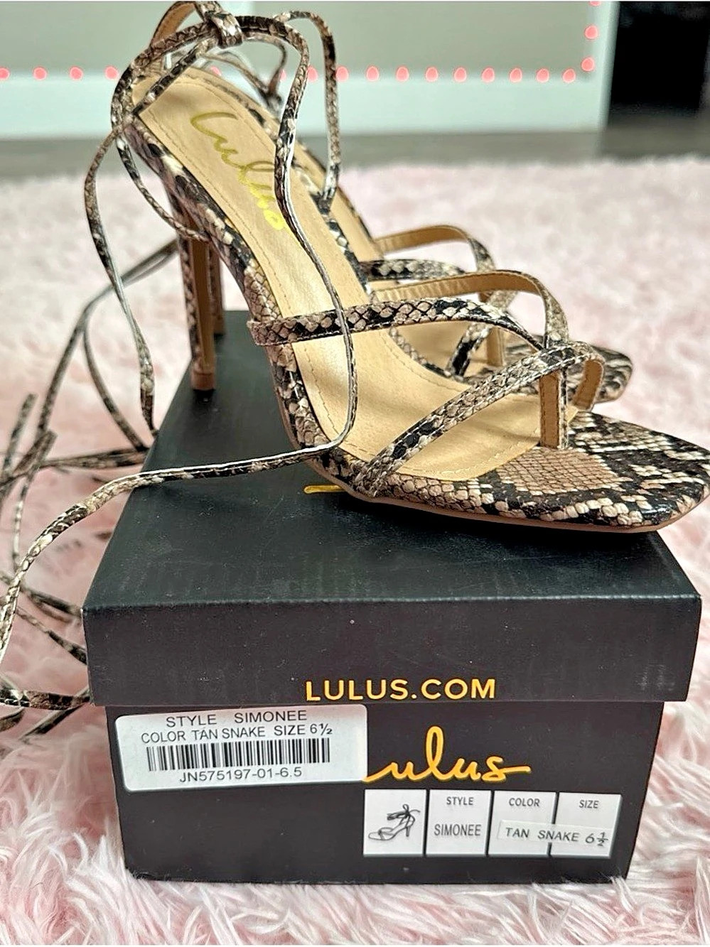 Lulus Simonee Tan Snake Lace-Up High Heel Sandals US 6.5